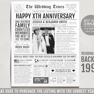 Terug in 1998 26 27 28 jarig jubileum cadeau krant bewerkbare sjabloon, gepersonaliseerd 26 27 28 jarig huwelijk voor ouders man of vrouw