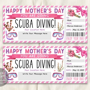 Mothers Day Scuba Diving Ticket Editable Template, Snorkeling Experience Reveal Gift Voucher For Mom, Deep Sea Diving Trip Gift Certificate