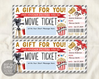 May include: A rectangular movie ticket gift voucher template featuring a film camera, popcorn bucket, 3D glasses, and a red bow. The text reads A GIFT FOR YOU, THIS VOUCHER ENTITLES YOU TO MOVIE TICKET, ENJOY YOUR GIFT, and includes fields for names and dates.