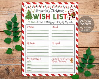 May include: A printable Christmas wish list template with red and white striped borders, featuring a green Christmas tree, Santa Claus, and the text Benjamin's Christmas WISH LIST, I've Been... Nice, Naughty, Trying My Best, I Want, I Need, I'll Wear, I'll Read, My Favorites, and My Wish For Someone Else At Christmas.