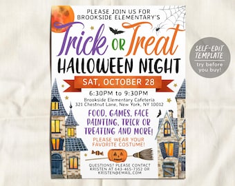 Könnte beinhalten: Ein Halloween-Veranstaltungsflyer für die Brookside Elementary mit einer Spukhaus-Illustration, einem Kürbis, einem Besen und Text, der eine Trick or Treat Halloween-Nacht am Samstag, den 28. Oktober, von 18:30 bis 21:30 Uhr in der Cafeteria ankündigt.
