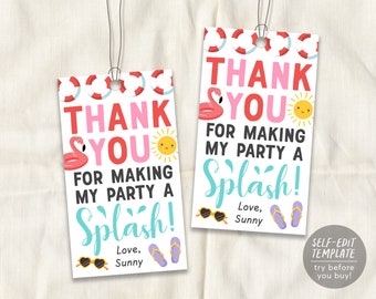 Pool Party Thank You Tags Editable Template, Swimming Summer Themed Birthday Party Favor Tag, Splish Splash Decoration Decor Favour
