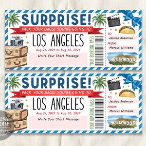 Los Angeles Trip Ticket Boarding Pass Editable Template, Surprise Travel Hollywood Vacation Airline Ticket Gift Certificate For Birthday DIY