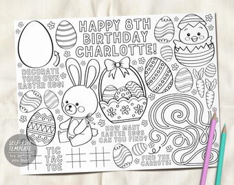 May include: A black and white coloring page featuring the text HAPPY 8TH BIRTHDAY CHARLOTTE!, a bunny, a basket of eggs, a chick in an egg, carrots, a maze, and a tic-tac-toe board. The page includes the text DECORATE YOUR OWN EASTER EGG! and HOW MANY EASTER EGGS CAN YOU FIND?