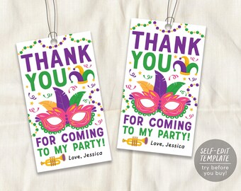 May include: Two rectangular white gift tags with purple and green text reading THANK YOU FOR COMING TO MY PARTY! and Love, Jessica. The design features a pink masquerade mask, a yellow jester hat, a gold trumpet, and colorful beads.