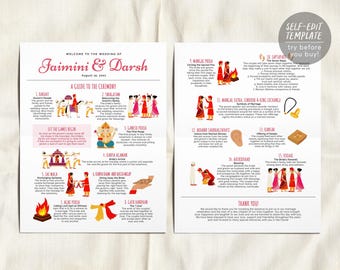 Può includere: Un modello di programma per cerimonia nuziale su due pagine intitolato Welcome to the Wedding of Jaimini & Darsh, August 15, 2021. Presenta sezioni numerate con illustrazioni che spiegano i rituali dei matrimoni indù.