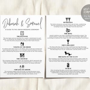 ユダヤ教のミニマリストの結婚式プログラムの編集可能なテンプレート、ユダヤ教の結婚式の儀式の説明、ユダヤ教のアイコン、宗教プログラムガイドの印刷可能