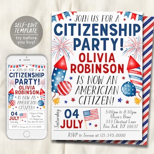 Uitnodiging voor het feest van het Amerikaanse staatsburgerschap bewerkbare sjabloon, naturalisatie Amerikaanse viering van het nieuwe staatsburgerschap, Amerikaans thema 4 juli