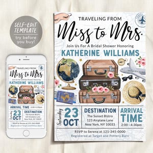 Travel Bridal Shower Invitation Editable Template, Traveling from Miss to Mrs Invite, Vintage Map Adventure Engagement Couples Shower Evite