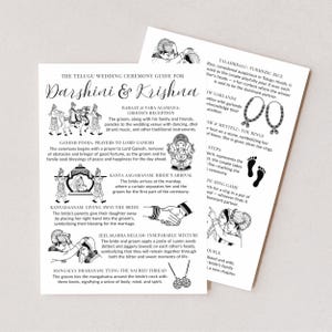 May include: Black and white wedding ceremony guide for Darshini & Krishna. The guide includes illustrations and descriptions of various Telugu wedding rituals, such as the groom's reception, prayers to Lord Ganesh, and the bride's arrival.