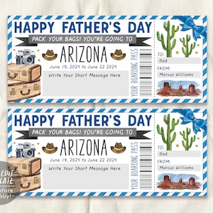 Fathers Day Arizona Trip Ticket Boarding Pass Editable Template, Surprise Travel Airline Gift Certificate Trip Reveal For Dad, Last Minute