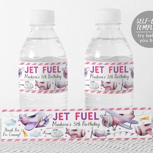 Flugzeug-Party-Wasserflaschenetiketten bearbeitbare Vorlage, Mädchen-Flugzeug-Jet-Treibstoff-Geburtstagsfeier-Flaschenverpackung Getränkeanhänger, Vintage-Luftfahrt-Wrap