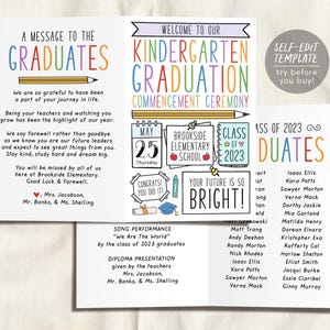 May include: A tri-fold kindergarten graduation program template featuring colorful text, a pencil illustration, a calendar showing May 25, a Brookside Elementary School sign, a Class of 2023 notebook, and a list of graduate names.