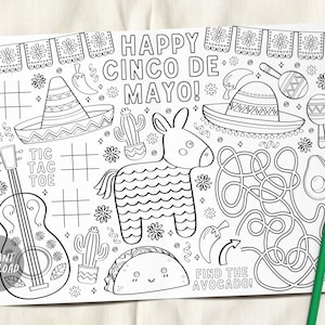 Fiesta Cinco De Mayo Coloring Placemat For Kids Instant Download, Mexicaanse Party Classroom Coloring Page Sheet Table Mat Activiteit, Piñata