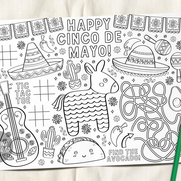 Fiesta Cinco De Mayo Coloring Placemat For Kids Instant Download, Mexican Party Classroom Coloring Page Sheet Table Mat Activity, Piñata