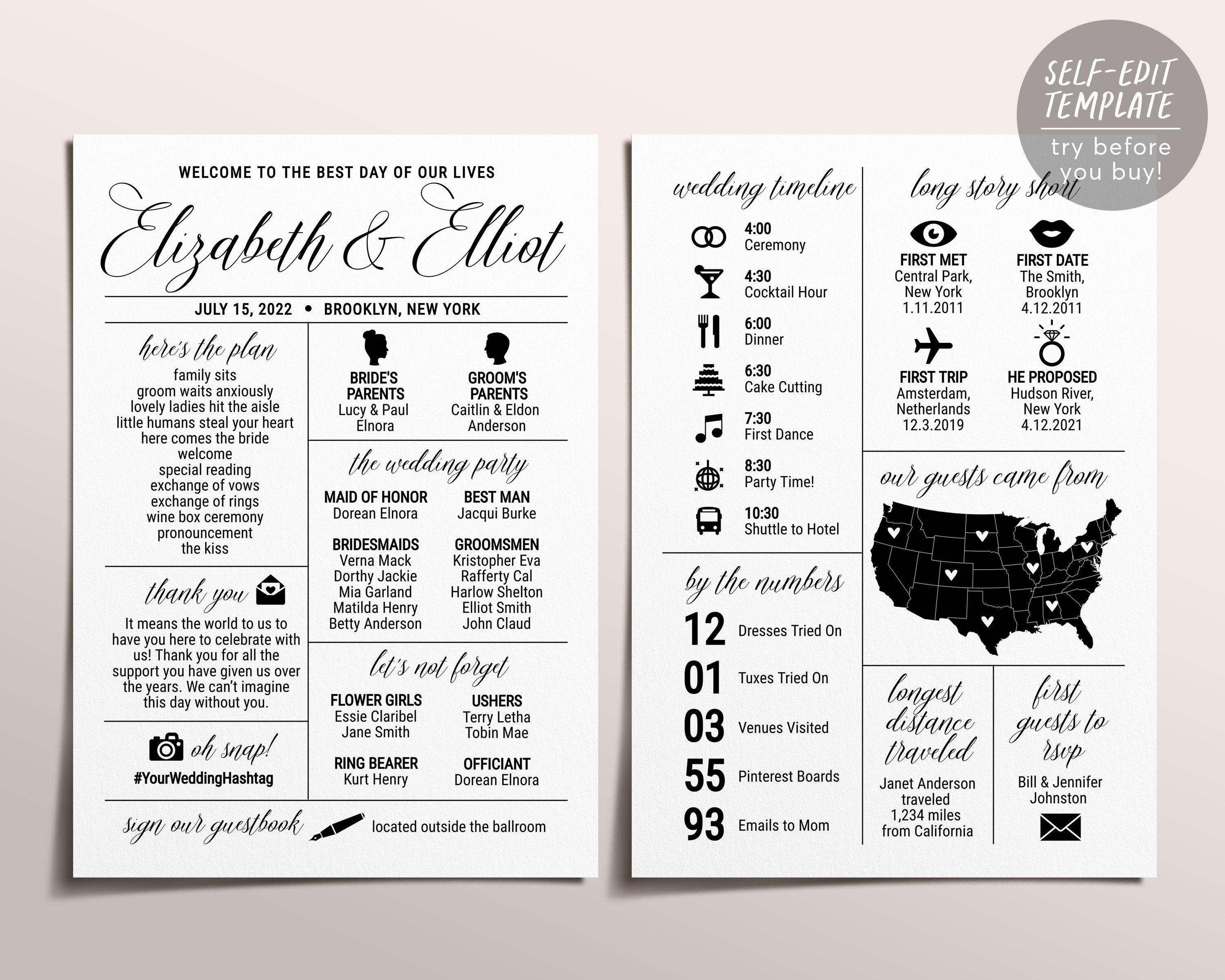 Elegant Calligraphy Wedding Program Template, Black and White ...