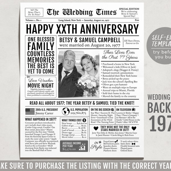 Em 1977, 46º, 47º e 48º aniversário, modelo de jornal editável, personalizado para casamento de 46, 47 e 48 anos para pais, marido ou esposa