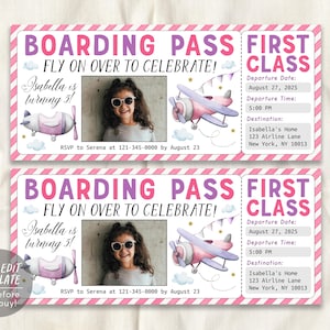 Flugzeug-Geburtstagskarte mit Foto-Einladung bearbeitbare Vorlage, Mädchen-Flugzeug-Bording-Pass-Party einladen, Reise-Flugflugflugkarte Evite