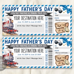 Modèle modifiable de carte d'embarquement pour billet de train pour la fête des pères, certificat-cadeau de voyage surprise pour une escapade de week-end pour papa, faites vos valises