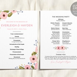 Blush Floral Wedding Program Template, Boho Modern Wedding Reception Program, Spring Garden Wedding, Editable Template, Botanical Greenery