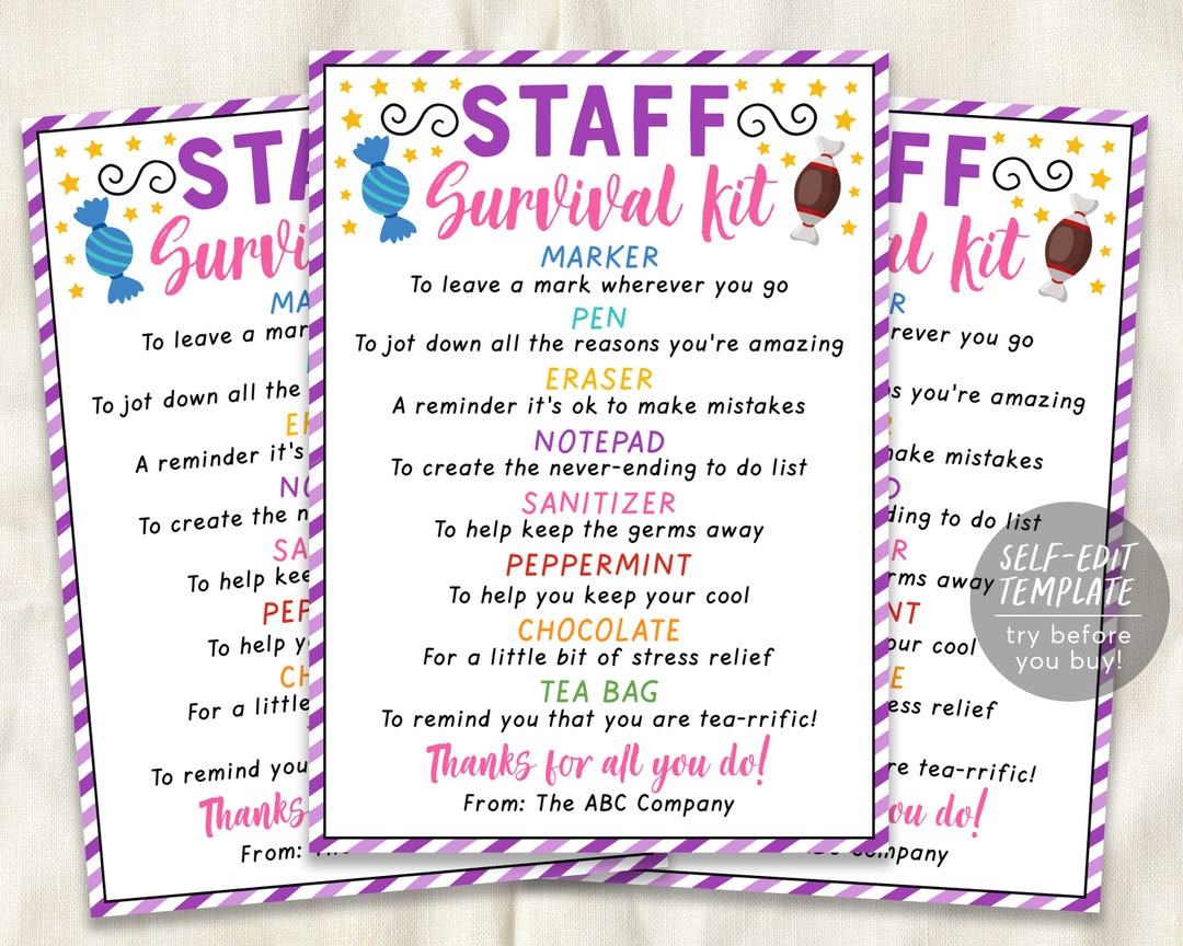 Staff Survival Kit Tag Editable Template Employee Etsy