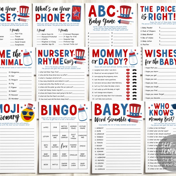 4th of July Baby Shower Games Bundle Editable Template, Red White and Due 12 Shower Games, Summer Word Scramble, What's On Your Phone