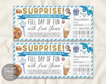 Plantilla editable de boleto de día divertido, día sorpresa de diversión con certificado de regalo de tía para niños sobrinas, vale de experiencia de diversión de día sí DIY