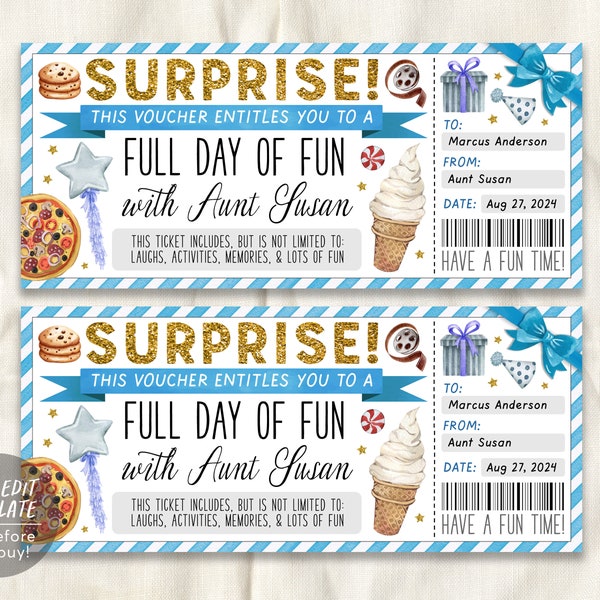 Fun Day Ticket Editable Template, Surprise Day Of Fun with Aunt Gift Certificate For Niece Kids, Yes Day Fun Experience Voucher DIY