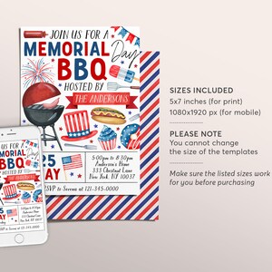 Pode incluir: Um convite digital para um churrasco do Dia de Mem&oacute;ria. O convite apresenta um esquema de cores vermelho, branco e azul com uma grelha, cachorros-quentes, cupcakes e um donut. O texto diz "Join us for a Memorial Day BBQ Hosted by The Andersons" e inclui a data, a hora e o local do evento.