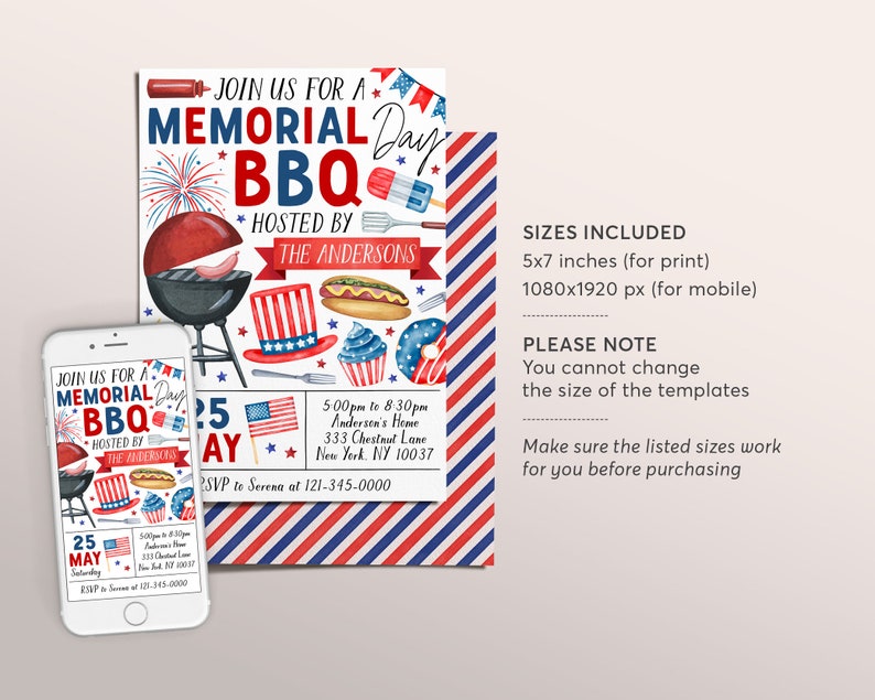 Pode incluir: Um convite digital para um churrasco do Dia de Mem&oacute;ria. O convite apresenta um esquema de cores vermelho, branco e azul com uma grelha, cachorros-quentes, cupcakes e um donut. O texto diz "Join us for a Memorial Day BBQ Hosted by The Andersons" e inclui a data, a hora e o local do evento.