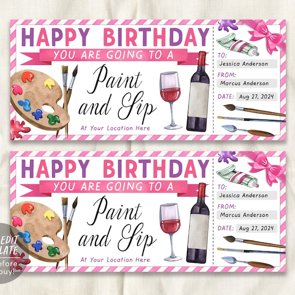 Paint And Sip Class Gift Certificate Ticket Editable Template, Birthday Surprise Painting Experience Art Lessons Date Night Voucher Wine