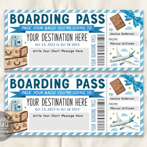Boarding Pass Ticket Editable Template, Surprise Vacation Trip Holiday Reveal Gift Travel Ticket, Custom Airplane Plane Flight Destination