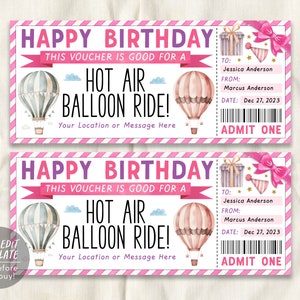 Hot Air Balloon Ticket Editable Template, Birthday Surprise Hot Air Balloon Gift Certificate Reveal For Her, Voucher Experience Coupon