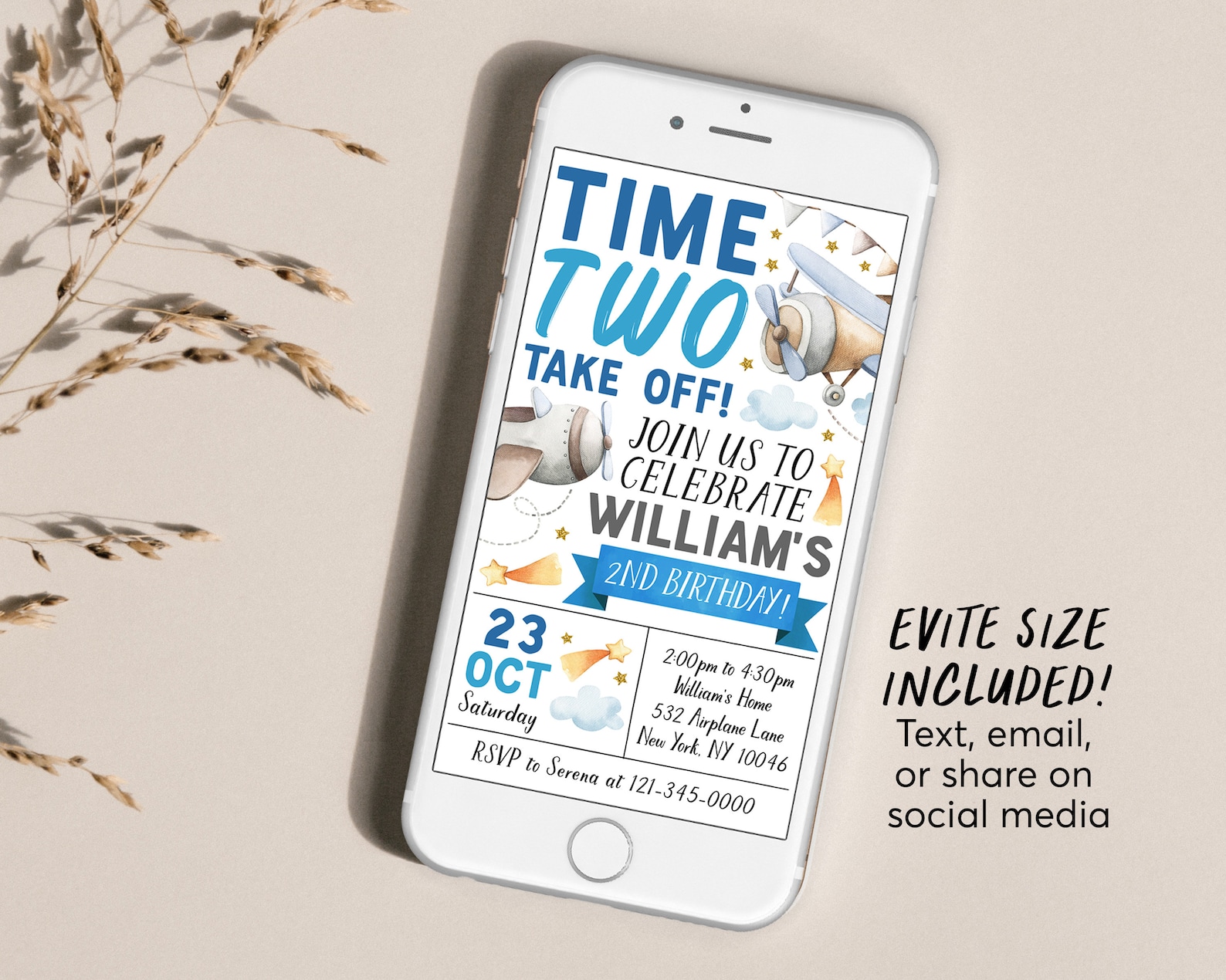 Take Flight Invite Airplane 2nd Birthday Invitation Editable Template, Time Two Take off ...