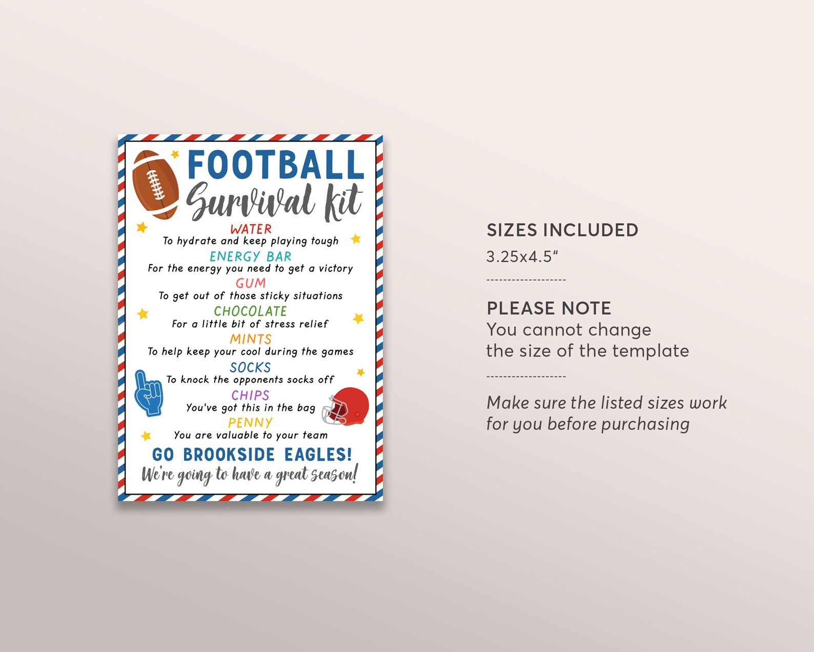 Football Survival Kit Gift Tags Editable Template, Football Player Team ...