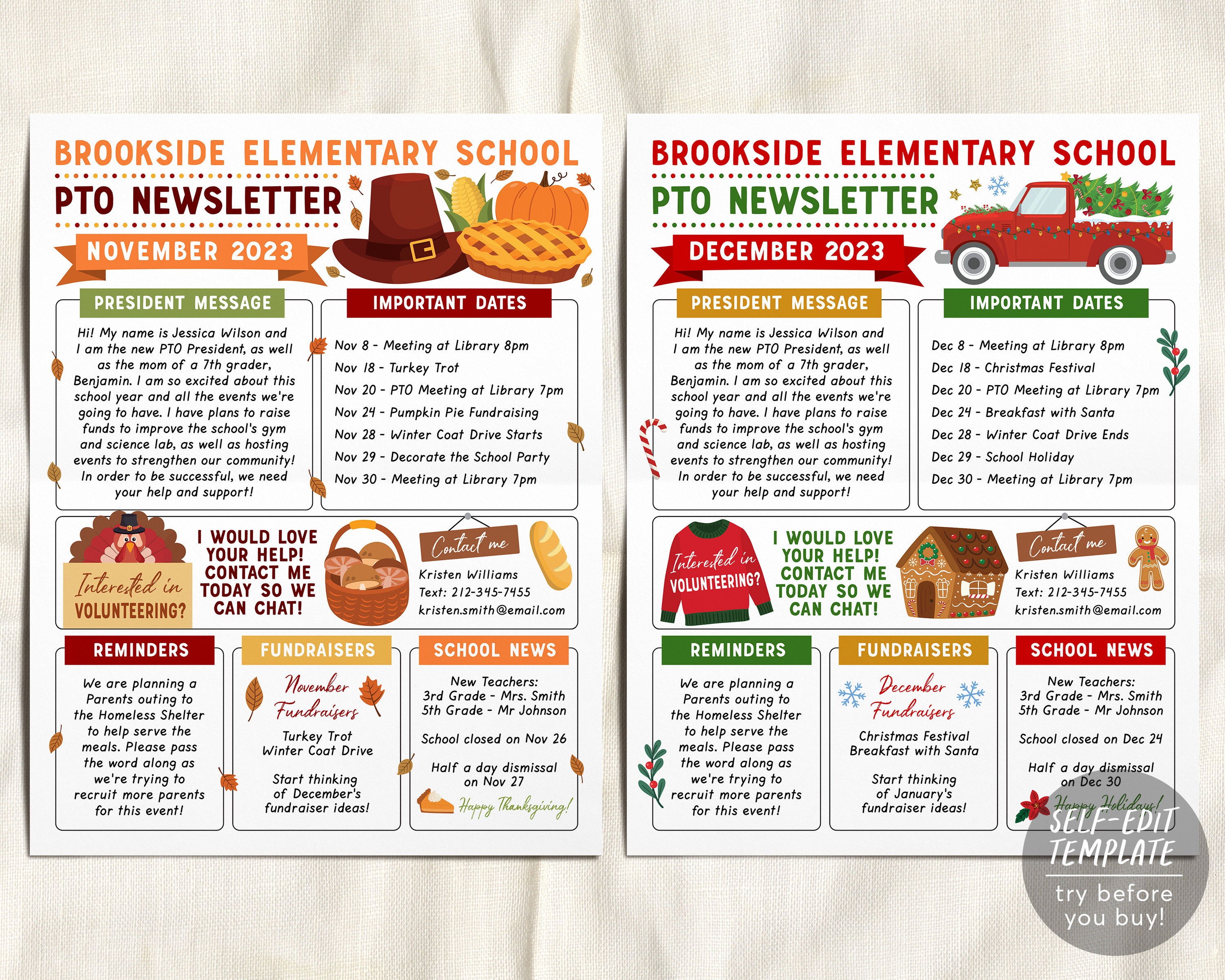 Yearly PTO PTA Newsletter Editable Template BUNDLE Set, Classroom ...