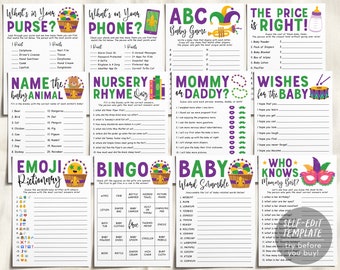 Plantilla editable de paquete de juegos para baby shower de Mardi Gras, 12 juegos unisex para baby shower, bingo con temática de Martes de Carnaval, ¿Qué tienes en tu teléfono?