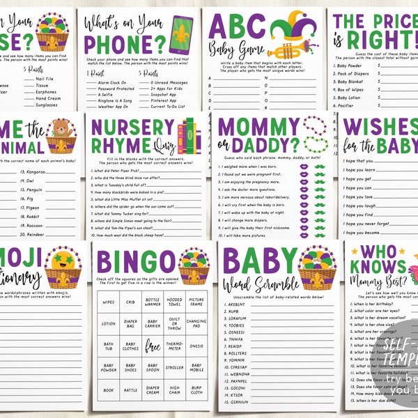 Mardi Gras Baby Shower Games Bundle Editable Template, Unisex 12 Shower Games, Fat Tuesday Themed Bingo Word Scramble, What's On Your Phone