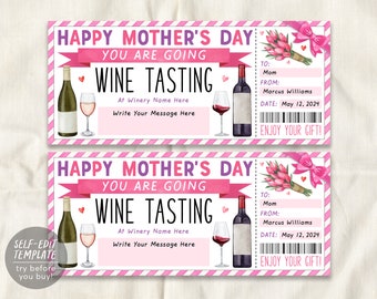 Mothers Day Wine Tasting Gift Voucher Editable Template, Surprise Wine Tasting Ticket Gift Certificate For Mom, Winery Vineyard Coupon