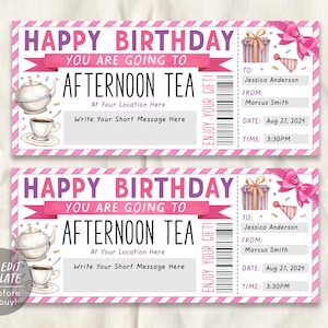 Nachmittagstee Geschenkgutschein Ticket bearbeitbare Vorlage, Geburtstagsüberraschung Englischer Nachmittagstee Geschenkgutschein Coupon für Sie, Hotel High Tea