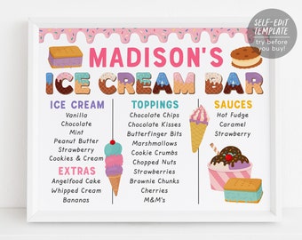 Menú de cumpleaños de helado firmar plantilla editable, cartel de decoraciones de fiesta de verano de cumpleaños de niña, decoración de baby shower de despedida de soltera imprimible