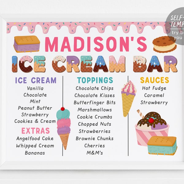 Ice Cream Birthday Menu Sign Editable Template, Girl Birthday Summer Party Decorations Poster, Bridal Shower Baby Shower Decor Printable