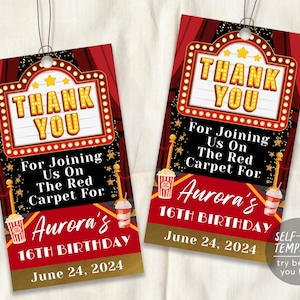 Red Carpet Movie Night Thank You Tags Editable Template, Hollywood VIP Access Pass Favor Tag, Movie Star Glam Party Sweet 16, 18th Birthday