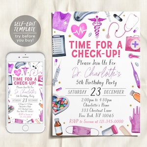 Medical Theme Birthday Invitation Editable Template, Girl Little Doctor Party Invite, Time For A Check Up Evite, Kids Nurse Pretend Hospital
