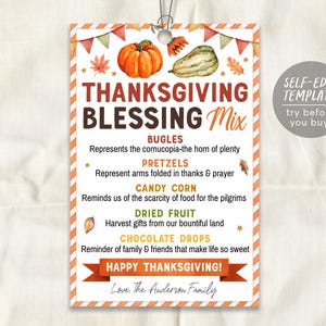 Thanksgiving Blessings Mix Gift Tags Editable Template, Fall Autumn Treat Favor Tag, Snack Mix Card Holiday Teachers PTO PTA Staff Thankful