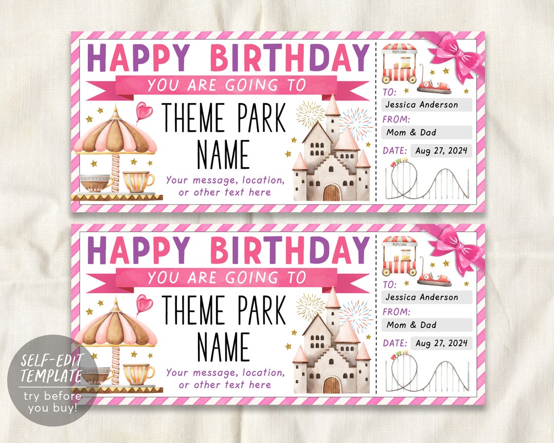 Theme Park Ticket Editable Template, Surprise Birthday Amusement Park ...