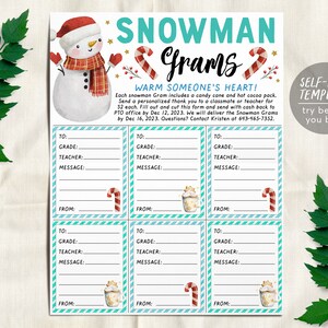 Snowman Christmas Gram Fundraiser Flyer Editable Template, Holiday Winter Hot Cocoa Candy Cane Grams Event, PTA PTO School Church Community