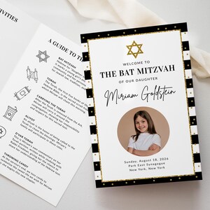 Bat Mitzvah- eller Bar Mitzvah-program, redigerbar mall för judisk ceremoni, modernt häfte med mitzvah-resplan, utskrivbart