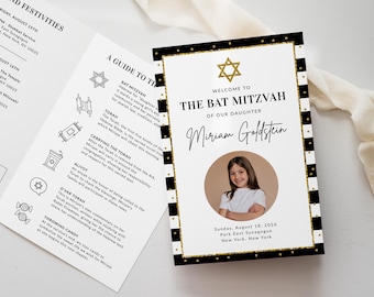 May include: A Bat Mitzvah invitation with a black and white striped border and gold accents. The invitation features the text "Welcome to The Bat Mitzvah of Our Daughter Miriam Goldstein" and a photo of a young girl.