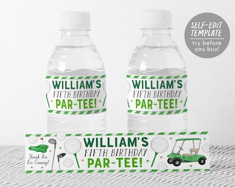 Plantillas editables de etiquetas para botellas de agua de golf, etiquetas para envoltorios de botellas para fiestas de cumpleaños con pelotas de golf Let's Par-Tee, torneo de golf Hole in One